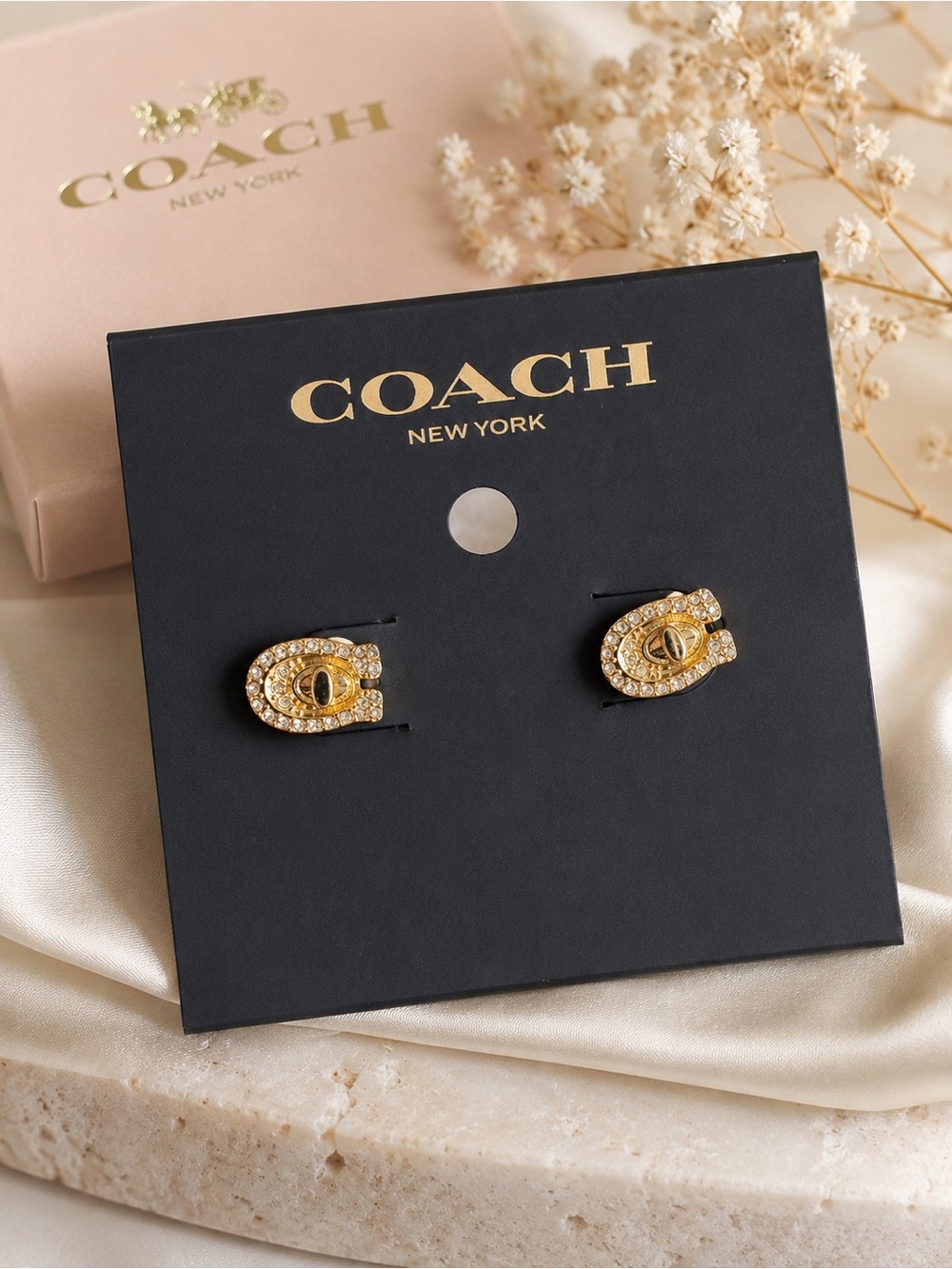 Coach Turnlock C Crystal Stud Earrings Gold Tone NWT